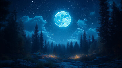 A serene scene of a forest bathed in the soft glow of a full moon, with a starry sky and a winding path illuminated by lanterns.