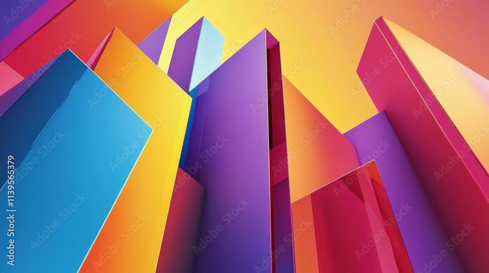 Poster abstract colorful geometric shapes rising against a gradient background.
