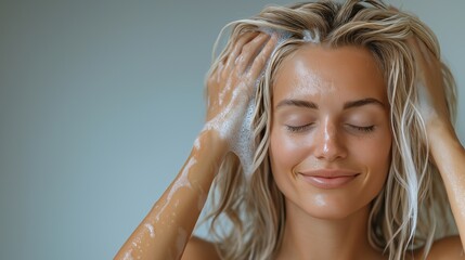 woman with long, blonde hair smiles as she washes her hair with shampoo, enjoying a peaceful moment of self-care in a calm, bright indoor environment