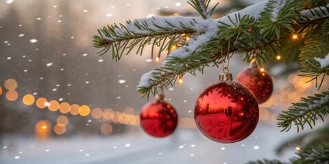 A snow-dusted evergreen branch adorned with glistening red ornaments and warm fairy lights, creating a magical winter wonderland scene.