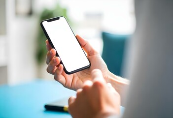 A person's hands holding a smartphone with a blank white screen