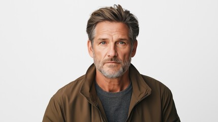 Obraz premium mature man with tousled hair and a beard poses confidently in a casual jacket over a sweater. neutral background emphasizes his thoughtful expression and style