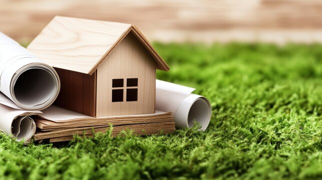 small wooden model house is placed on vibrant green grass, accompanied by rolled-up blueprints and sketches, illustrating the intersection of nature and architectural design