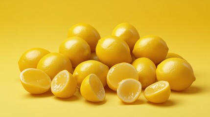 Fototapeta premium Fresh, vibrant lemons, whole and sliced, on a bright yellow background.