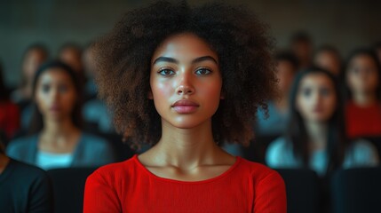 Fototapeta premium young woman with curly hair sits in the front row of an auditorium, looking attentively ahead. Her focused expression contrasts with a blurred crowd of students behind her, engaged in learning