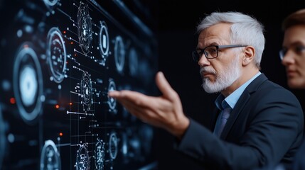 Two experts engage in a detailed discussion while examining complex data visualizations on a high-tech display, set in a contemporary office environment