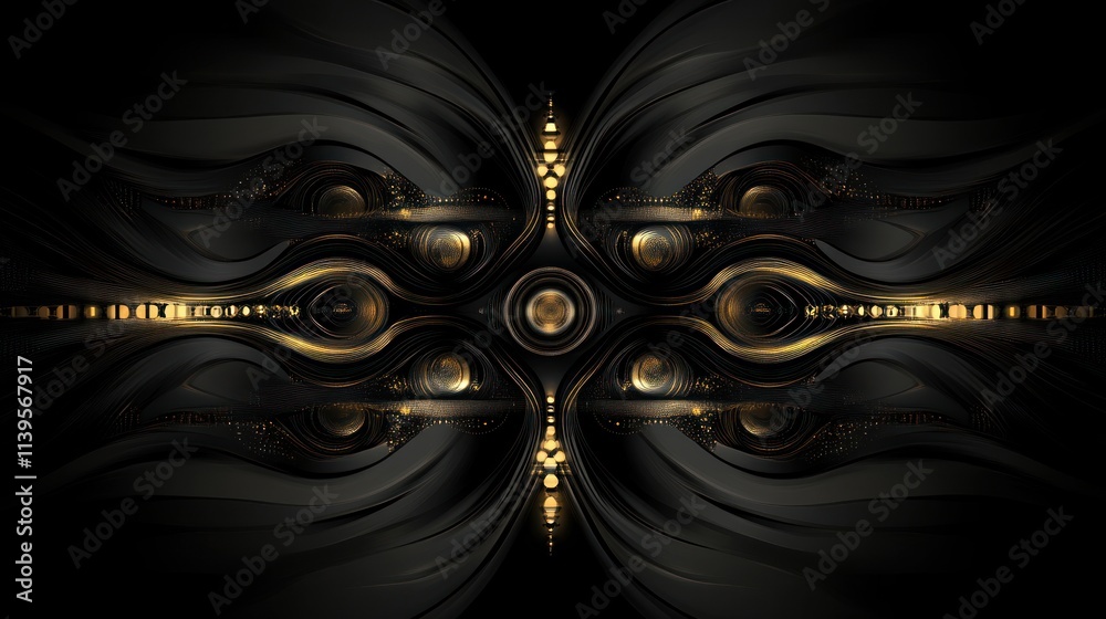 Poster abstract design featuring flowing shapes and gold accents on a dark background.