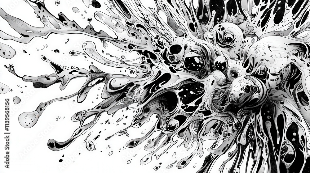 Poster ink explosion artistry a chaotic burst of black and white on paper abstract graphic design artistic 