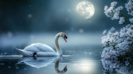 Fototapeta premium Majestic white swan glides on a tranquil lake at night under a full moon, surrounded by delicate white flowers.