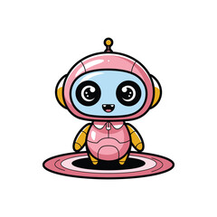 A cute pink robot with large blue eyes and a friendly expression, sitting on a pink platform