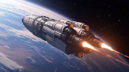 Obraz premium spacecraft propels into deep space with its powerful engines ignited, leaving Earths atmosphere behind. This advanced technology symbolizes humanitys quest for exploration beyond our planet
