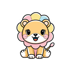 A cute cartoon lion cub with a colorful flower crown on its head, sitting and smiling
