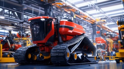 Fototapeta premium Modern red tractor on factory floor.