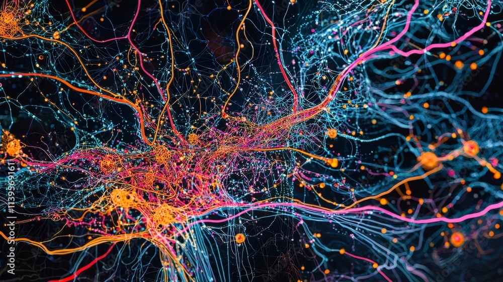 Poster Neural pathways exploration abstract illustration digital art science close-up brain functionality concept