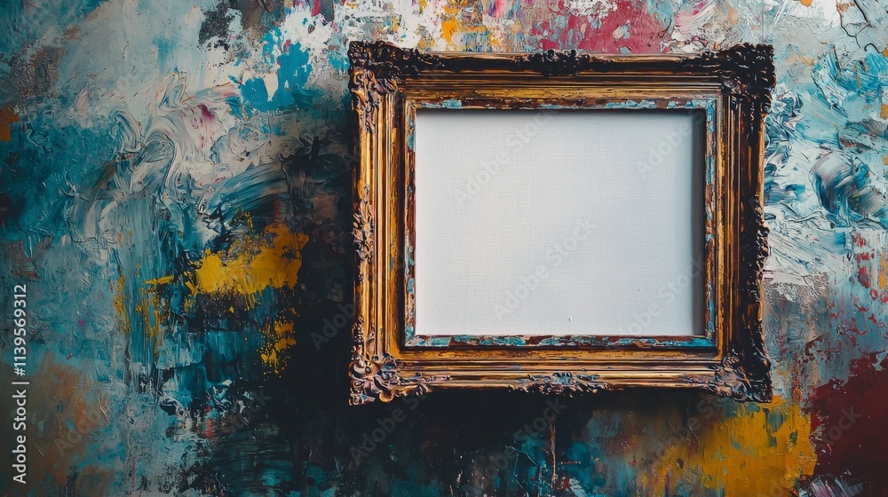 Poster Empty canvas in ornate frame art gallery digital artwork colorful background close-up view creative possibilities