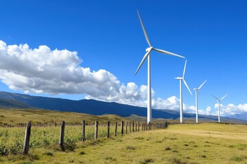 Fototapeta premium Wind Turbines Stand Tall Behind a Lush Planted Field, Symbolizing Sustainable Energy and Agriculture Harmony.