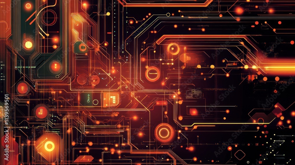 Poster Abstract digital circuit design with glowing elements and intricate patterns.