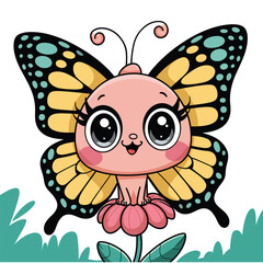 A cute pink butterfly with large eyes and colorful wings sitting on a flower in a grassy field