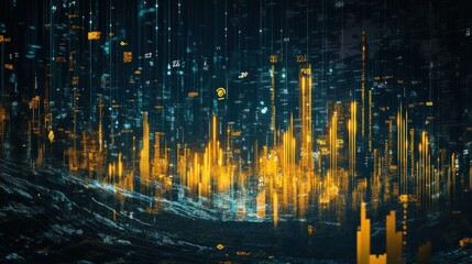 Abstract digital landscape with glowing bars and data elements, representing technology and analytics.