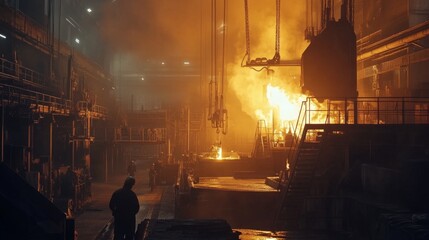 Molten metal pours in a steel mill at night.