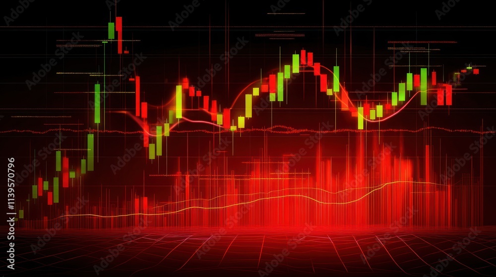 Leinwandbilder abstract financial chart with candlestick patterns and volume indicators on a dark background.