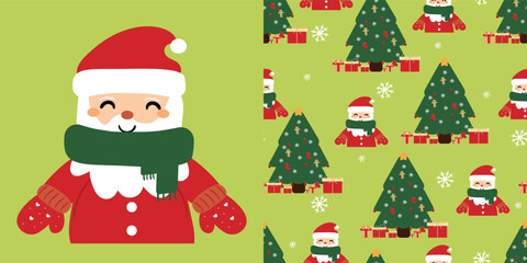 Christmas cute santa claus card and cute santa claus cartoon pattern and christmas tree, cute christmas and winter wallpaper for fabric prints, gift wrapping paper
