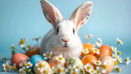 A white rabbit with surrounded by colorful Easter eggs and flowers on a light blue background