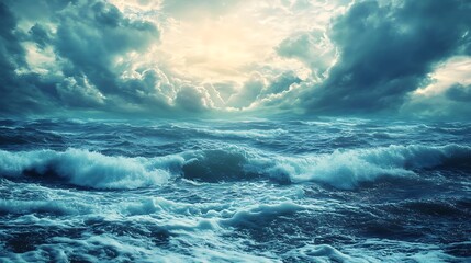 Obraz premium Stormy Sea, Dramatic Clouds, Powerful Waves. Concept of nature's power, chaos, and unpredictability.