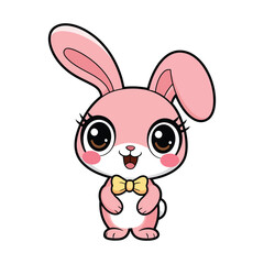 A cute pink rabbit with large eyes and a bow tie, standing against a white background
