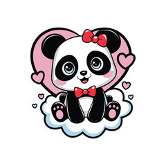Fototapeta premium A cute panda bear with a pink bow on its head, sitting on a cloud-like background with hearts around