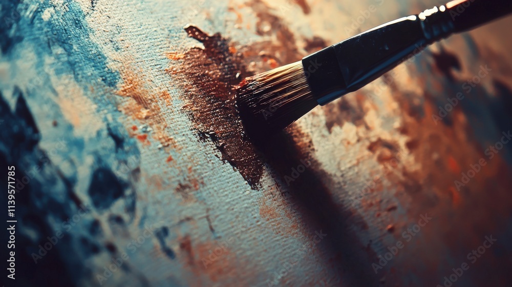 Poster Artistic creation in progress paintbrush over canvas studio visual art creative environment close-up perspective