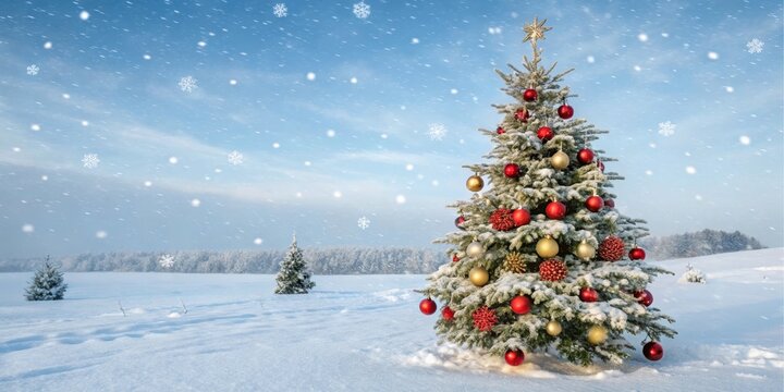 A majestic snow-covered Christmas tree adorned with red and gold ornaments stands in a serene winter landscape, snowflakes gently falling from a clear blue sky.