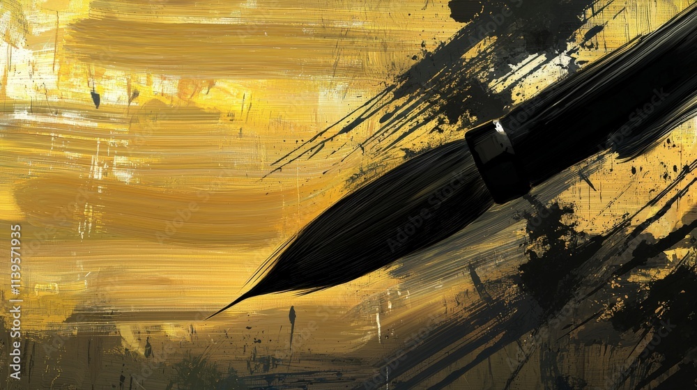 Poster artistic flourish paintbrush silhouette across a golden canvas abstract art dynamic atmosphere creat