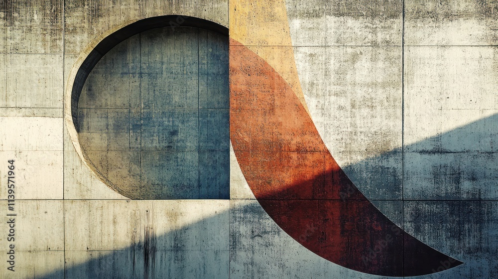Poster Abstract geometric design on a concrete surface with vivid colors and shapes.