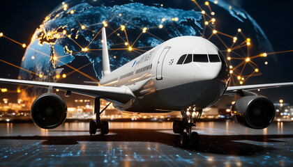 Fototapeta premium Air cargo logistics paths on an atlas. Generative AI. 