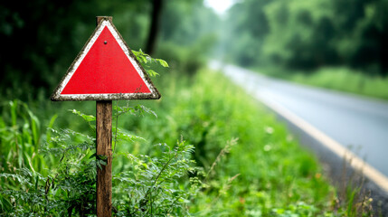 A weathered red triangular warning sign stands beside a lush green landscape near a road, indicating caution in a serene, natural setting.