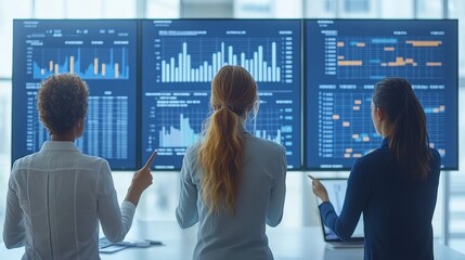 Confident Business Team Analyzing Data on Large Digital Screens