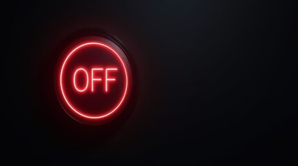 Red neon OFF button glowing on a dark background with copy space. Modern symbol for technology, energy-saving, and control concepts