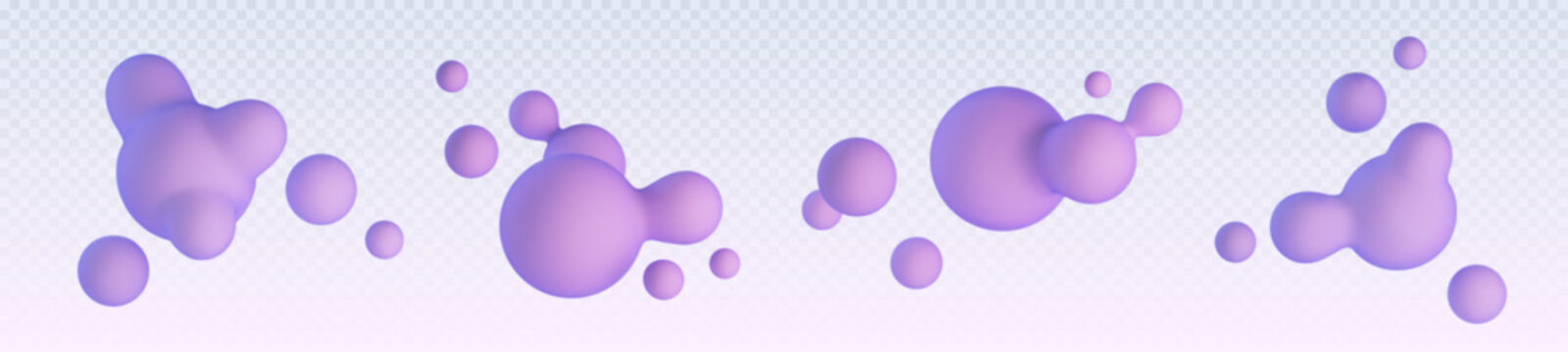 Abstract purple bubbles set isolated on transparent background. Vector realistic illustration of 3d balls, floating morphing spheres, molecular formula particles, paint drops, cosmetic product