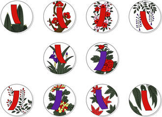 赤短青短のステッカー円形花札アイコンセット