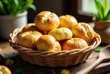 Brazilian Cheese Bread Basket - Wooden Table -  Delicious Bakery Treat