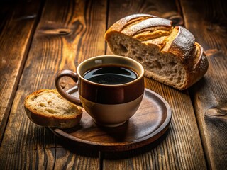 Breakfast Scene: Coffee and Bread on Wood