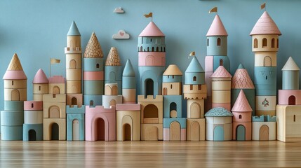 Pastel-colored wooden castle toy blocks against a light blue wall.