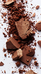 Fototapeta premium Soft mocha mousse eyeshadow scattered on a clean white surface, showcasing powdery texture and delicate details