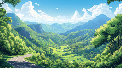 Obraz premium Lush Green Valley Scene with Rolling Hills and Majestic Mountains Under a Bright Blue Sky Filled with Fluffy White Clouds and Radiant Sunshine