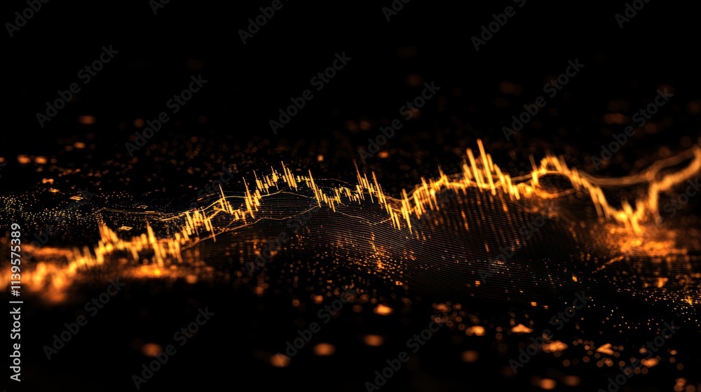 Poster abstract representation of sound waves in golden tones against a dark background.
