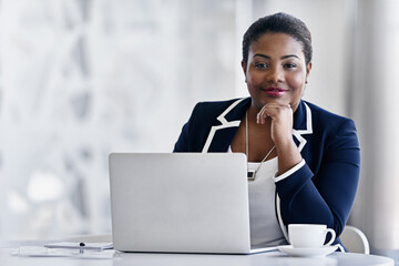 Portrait, confident and woman with laptop, office and ambitious for career path and administrator....