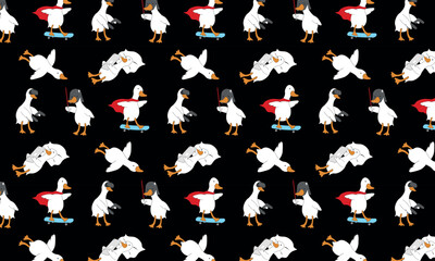cute seamless pattern with geese. The goose plays with virtual reality glasses, rides a skateboard, and fights with a lightsaber.