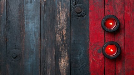 Two burning red candles on rustic wood.