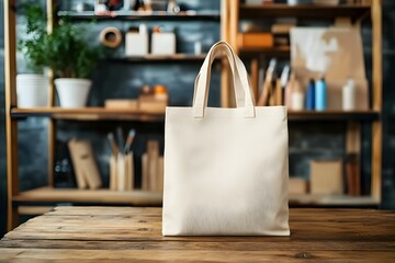 Stylish Beige Canvas Tote Bag Mockup Template on Wooden Background for Modern and Elegant Branding